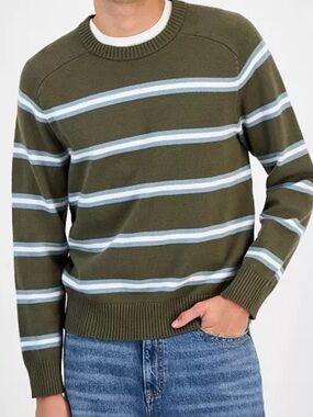 Sun + Stone Olive Green Crewneck Sweater with Light Blue & White Stripes
